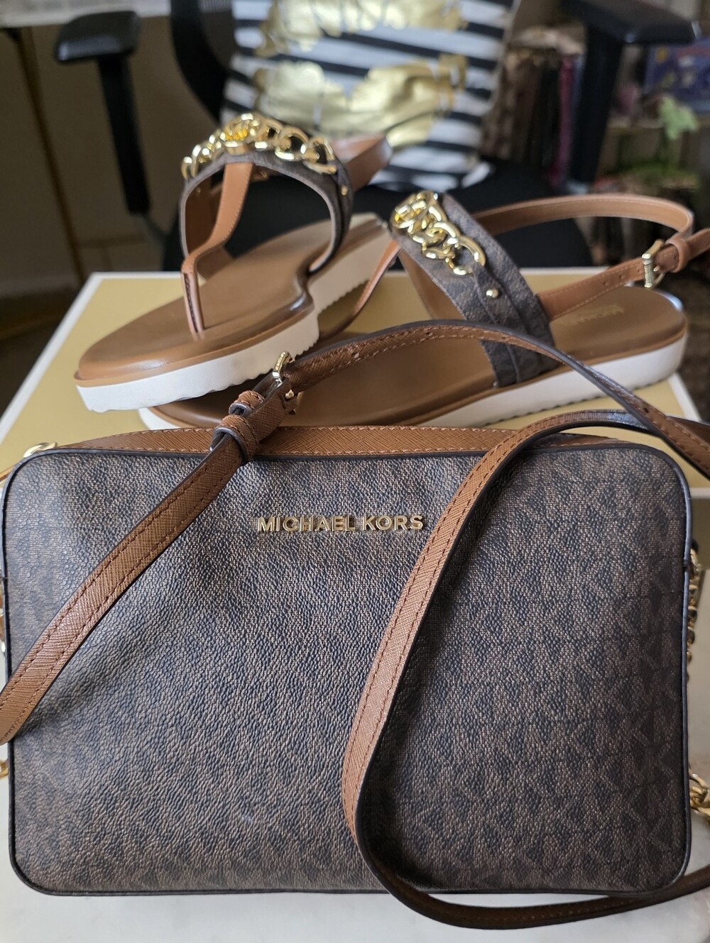 Michael Kors Brown Logo-Print Thong Sandals with Gold MK Accent - Picture 7 of 10